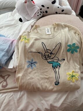 Cream Tinker Bell Graphic Sweater with Teal & Yellow Accents